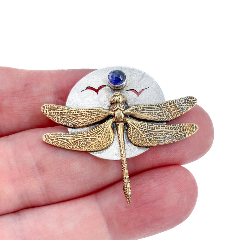Vintage Sterling Silver 925 Lapis Lazuli Dragonfly Brooch
